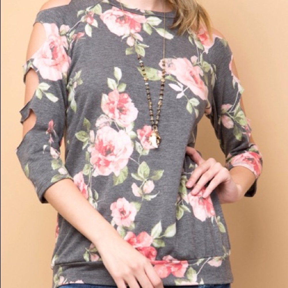 Gray Floral Sweater with sleeve cutouts